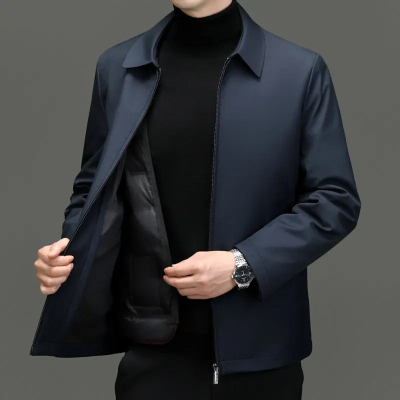 Men's White Goose Down Jacket — Polo Collar with Removable Liner style-haven-vwag8