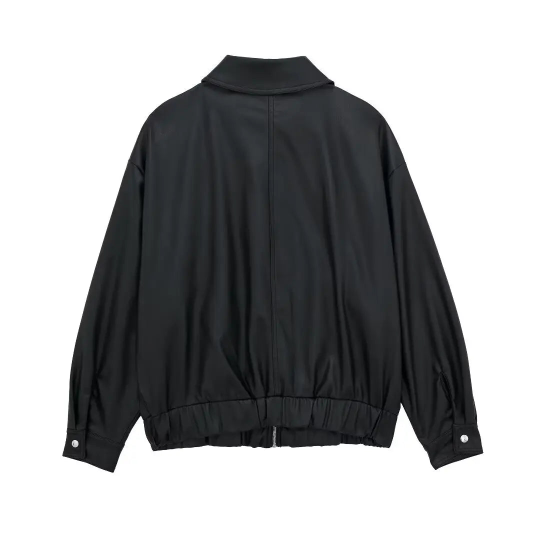 Women's Lapel Loose Faux Leather Bomber Jacket Coat Gear Hikes