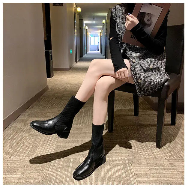 British Style Square Toe Mid-tube Knitted Martin Boots Women style-haven-vwag8