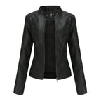 Women's Zip-up Leather Jackets Fashion Solid Color Pockets Stand Collar Top Outwear Clothing style-haven-vwag8
