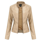 Women's Zip-up Leather Jackets Fashion Solid Color Pockets Stand Collar Top Outwear Clothing style-haven-vwag8