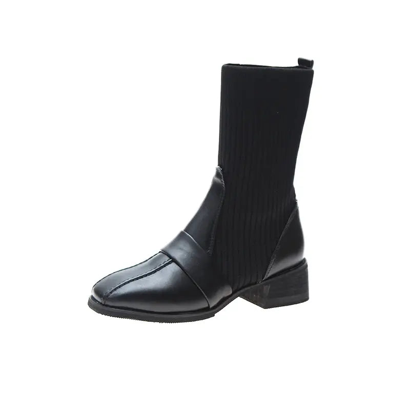 British Style Square Toe Mid-tube Knitted Martin Boots Women style-haven-vwag8