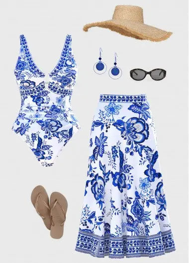 Modlily Random Floral Two-Piece One Piece Swimwear and Skirt - XL Style Haven