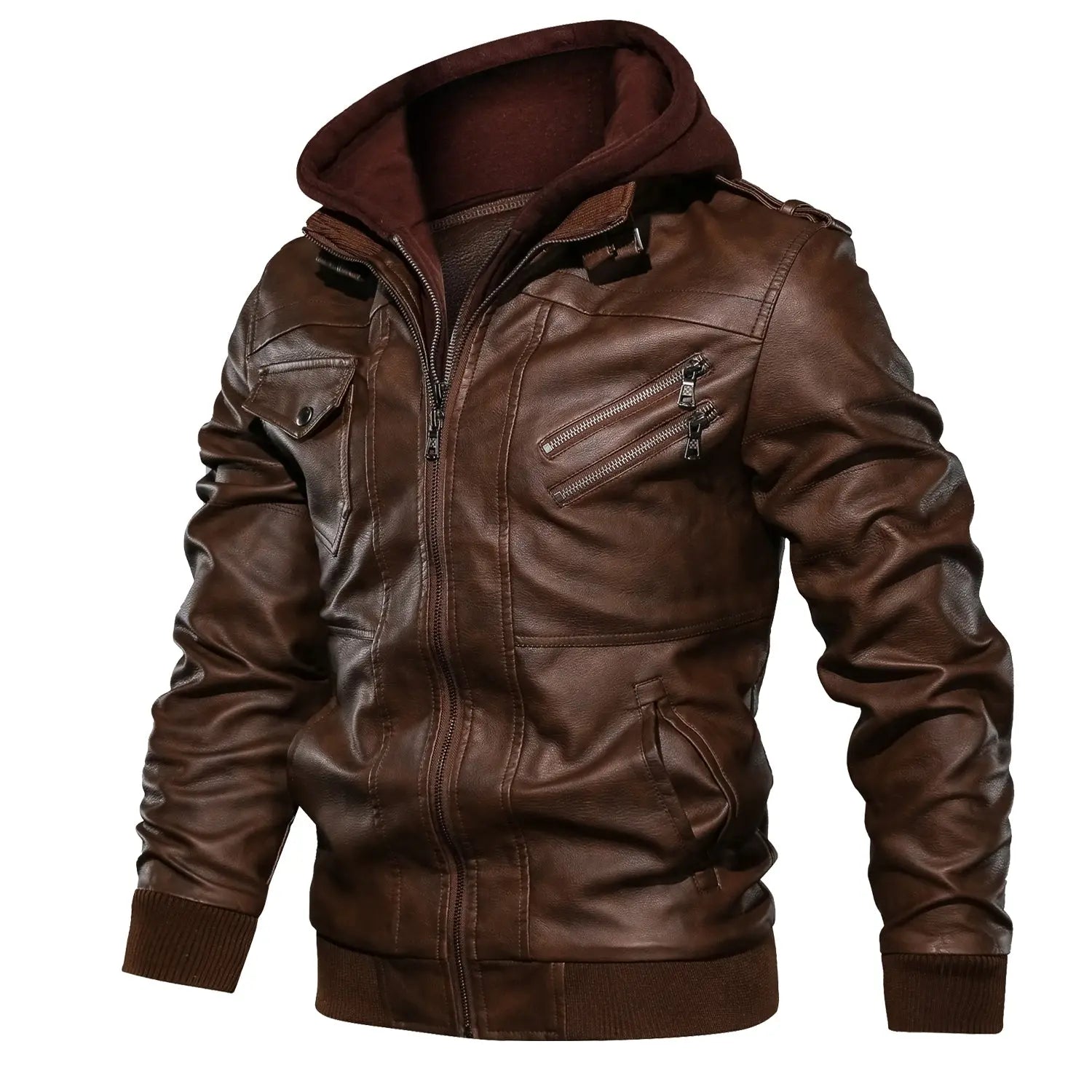 Men's Leather Jackets, Faux Leather Jacket For Men Lapel Zip-Up Slim Fit Coat Gear Hikes