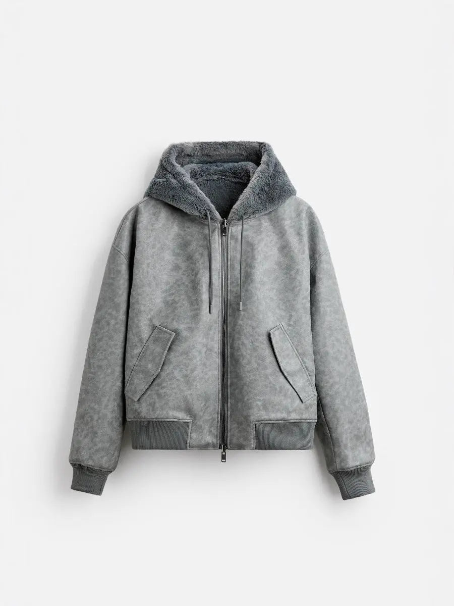 Men's Double-sided Faux Leather Hooded Bomber Jacket Gear Hikes