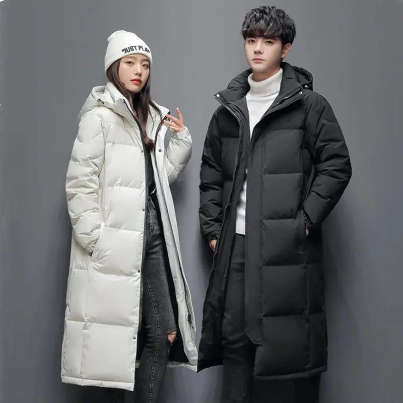 Long Hooded White Duck Down Coat — Below the Knee style-haven-vwag8