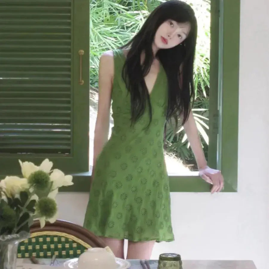 Summer New Vintage Niche Hollowed Waist-Cinching A-Line Skirt Short Dress style-haven-vwag8