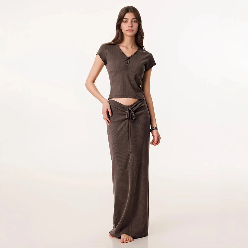 Small V-neck Drawstring Slimming Hip-hugging Skirt And V-neck Short-sleeve Top Womens New Set style-haven-vwag8