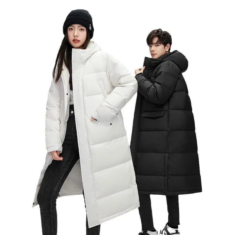 Long Hooded White Duck Down Coat — Below the Knee style-haven-vwag8