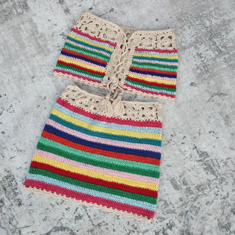 Handmade Crochet Bikini Beach Stripes Miniskirts Swim Dresses Suits style-haven-vwag8