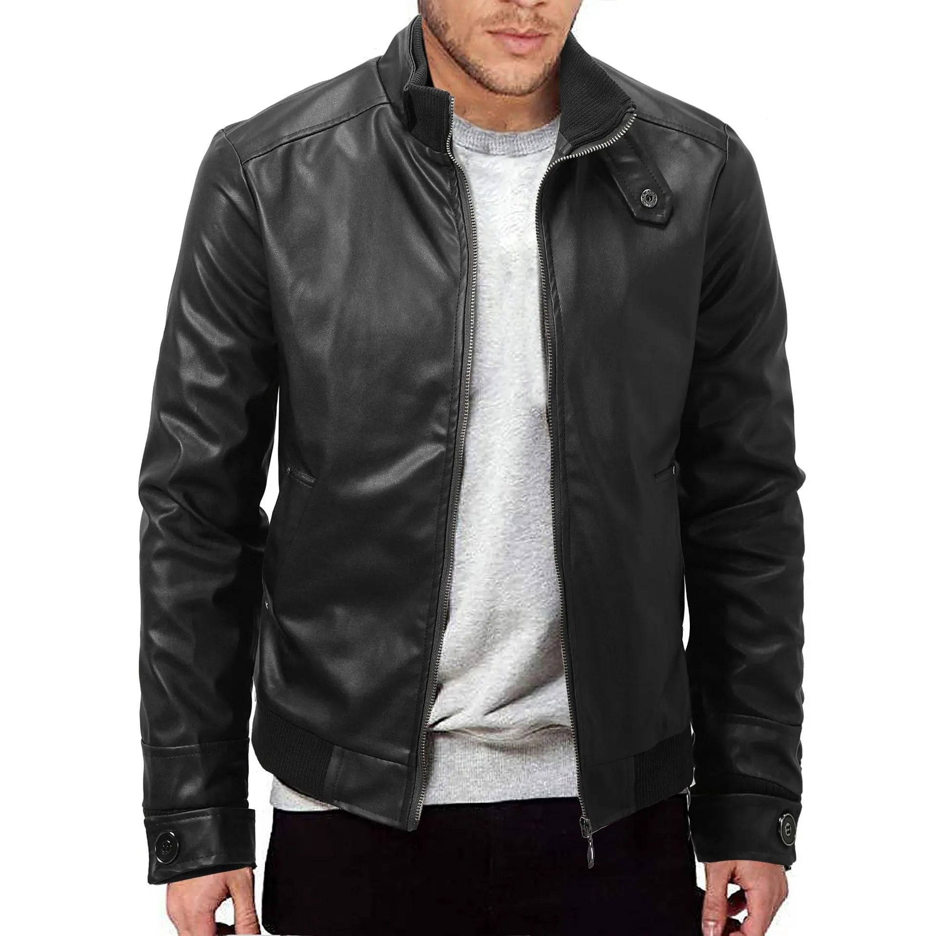 Mens Winter Warm Zip-Up Stand Collar Slim-Fit Leather Jacket Coats style-haven-vwag8