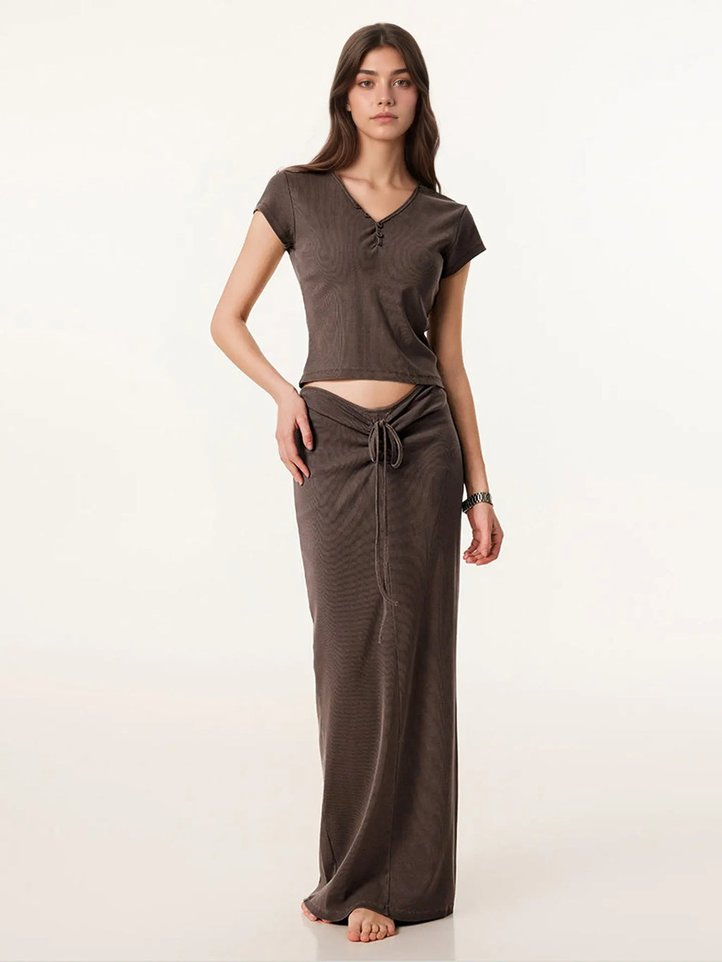 Small V-neck Drawstring Slimming Hip-hugging Skirt And V-neck Short-sleeve Top Womens New Set style-haven-vwag8