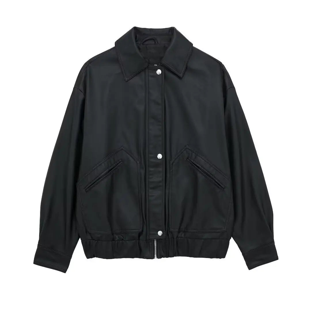 Women's Lapel Loose Faux Leather Bomber Jacket Coat Gear Hikes