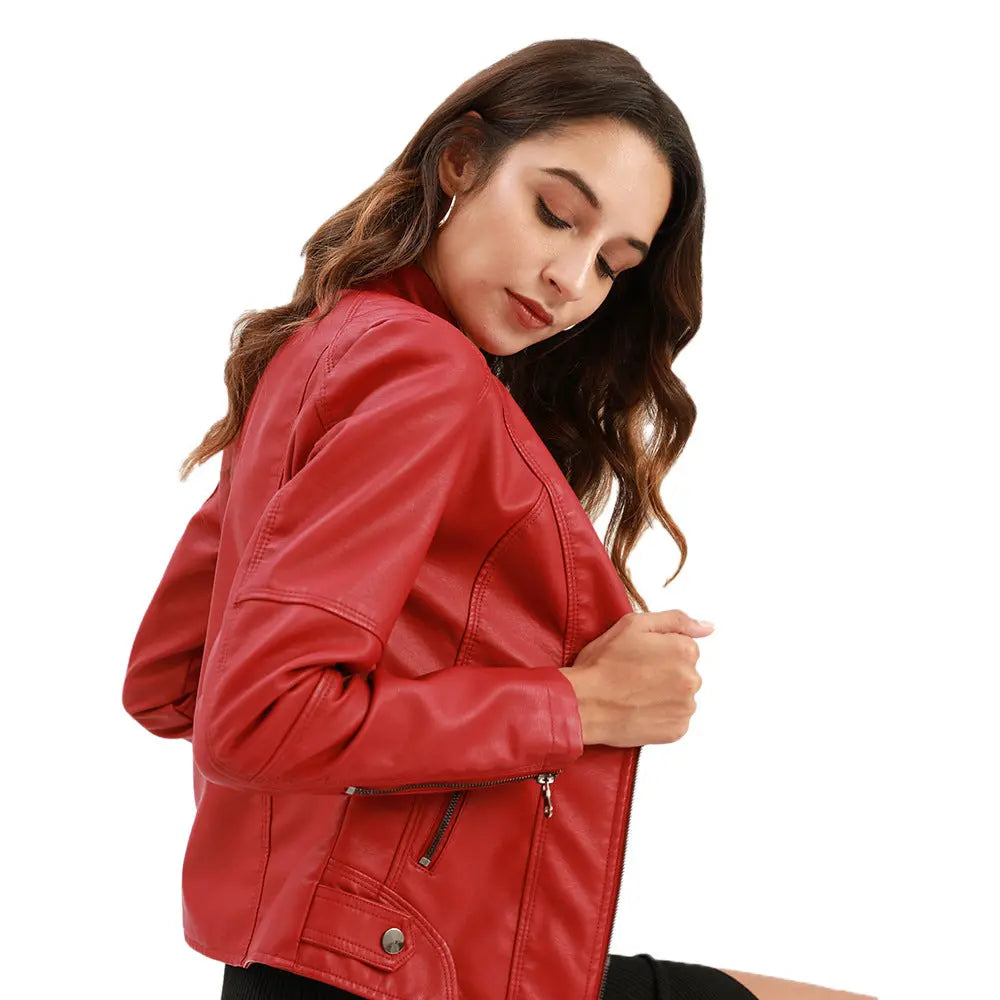 Women's Zip-up Leather Jackets Fashion Solid Color Pockets Stand Collar Top Outwear Clothing style-haven-vwag8