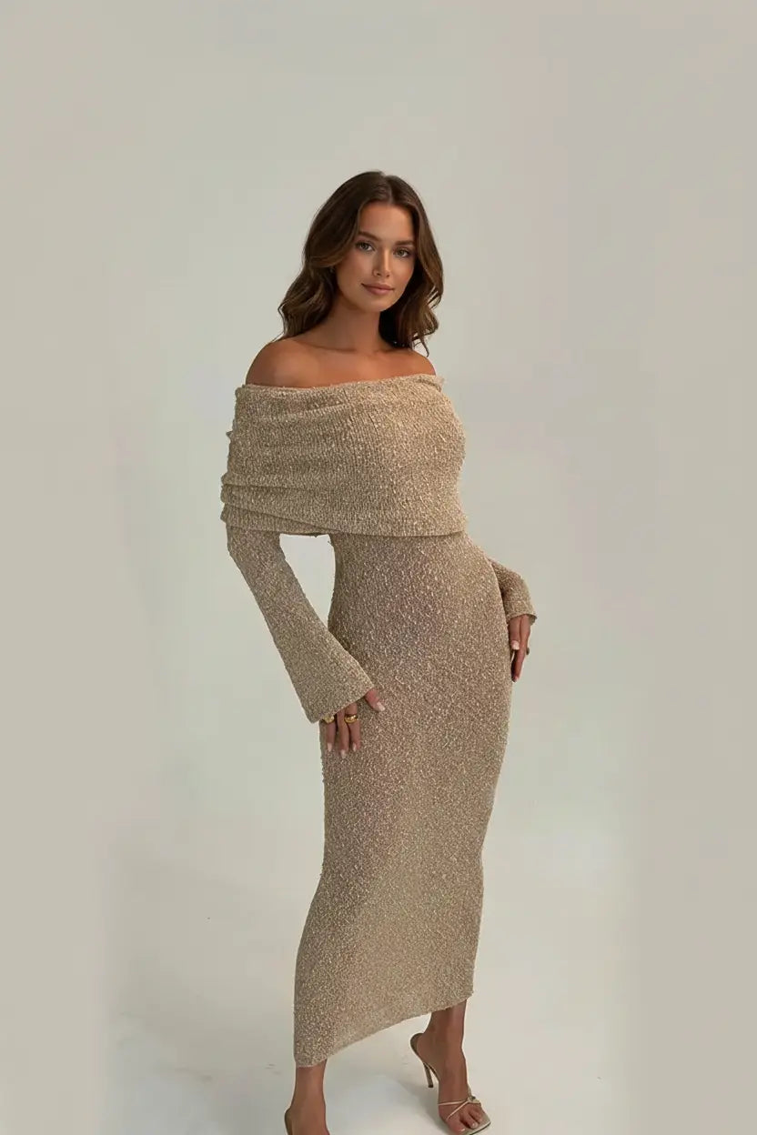 Beige Gold Knit Maxi Dress - Full Model