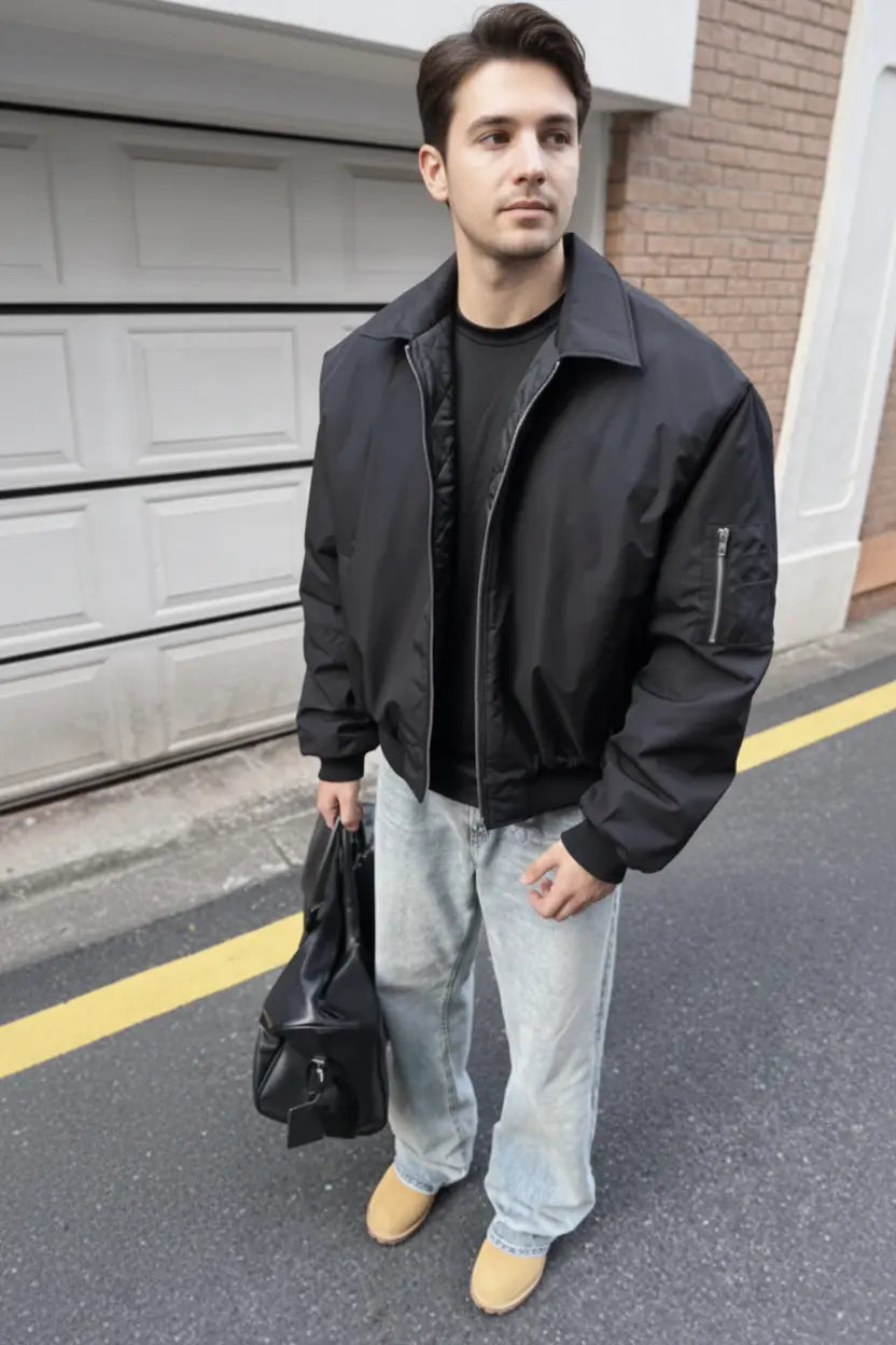 Black Bomber Jacket — Full Head Expanded