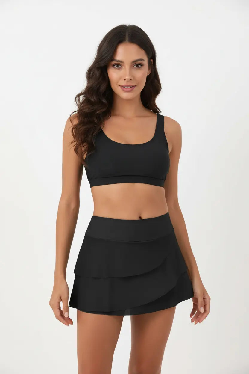 Black High Waist Layered Swim Skirt Modlily