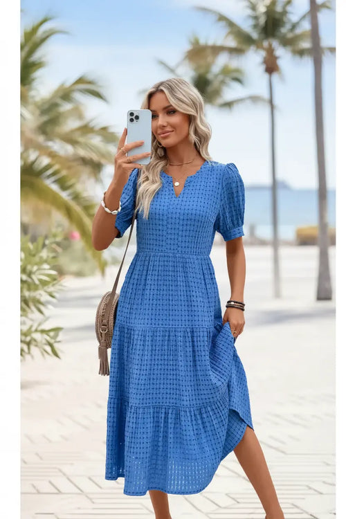 Women's Blue Tummy Coverage Short Sleeve Split Neck Dress Style Haven