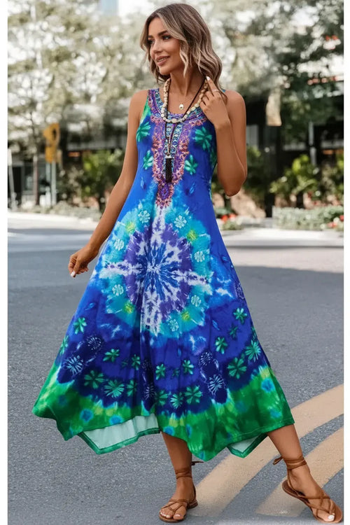 Women's Blue Asymmetry Tie Dye H-Shape Dress Style Haven