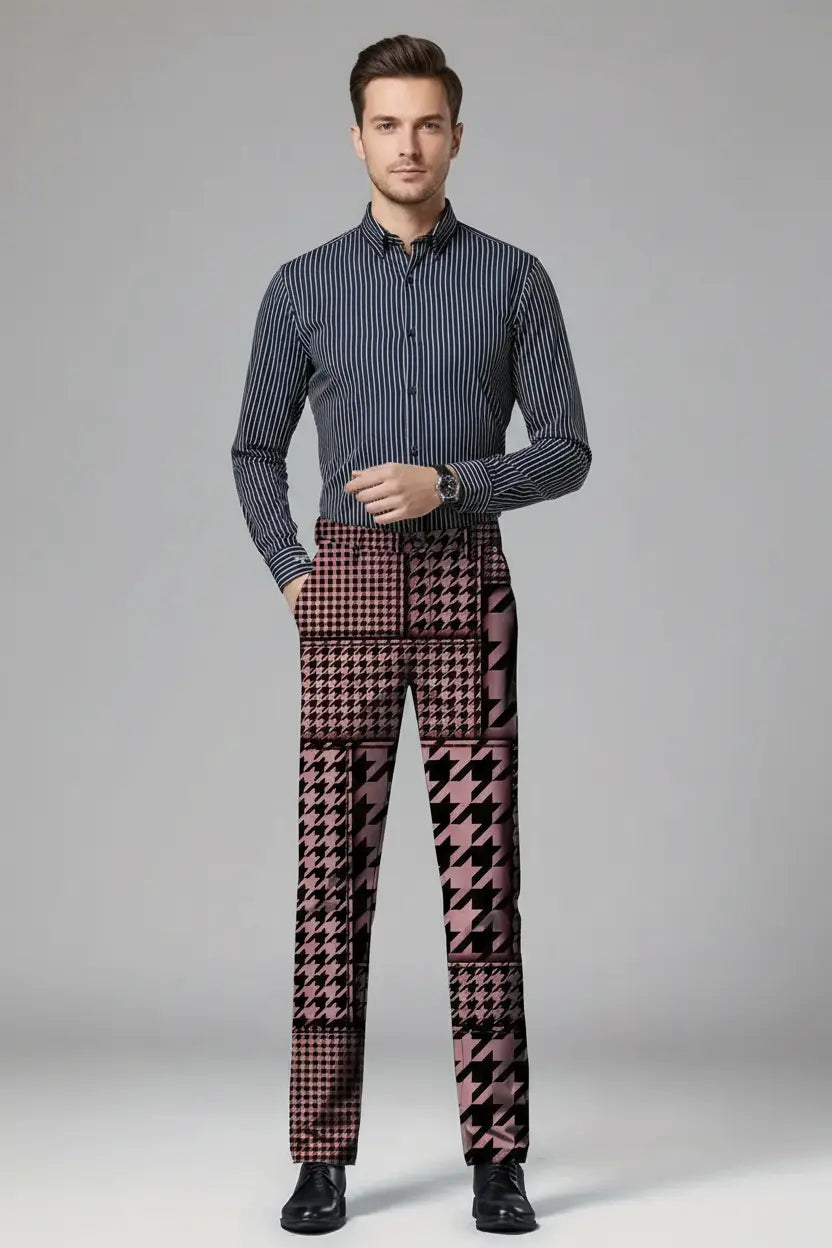 Burgundy Houndstooth Trousers – Extended Full Model View