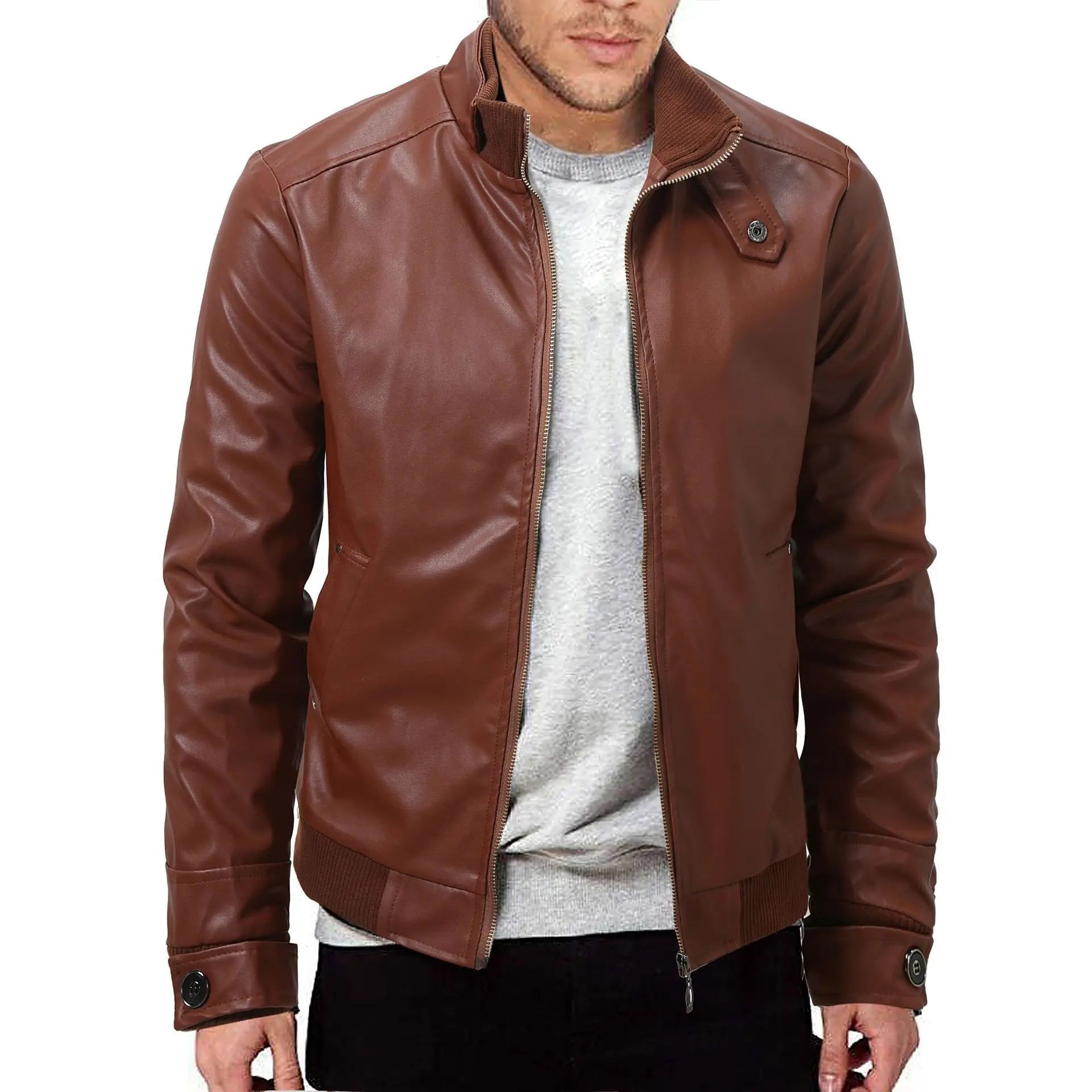 Mens Winter Warm Zip-Up Stand Collar Slim-Fit Leather Jacket Coats style-haven-vwag8