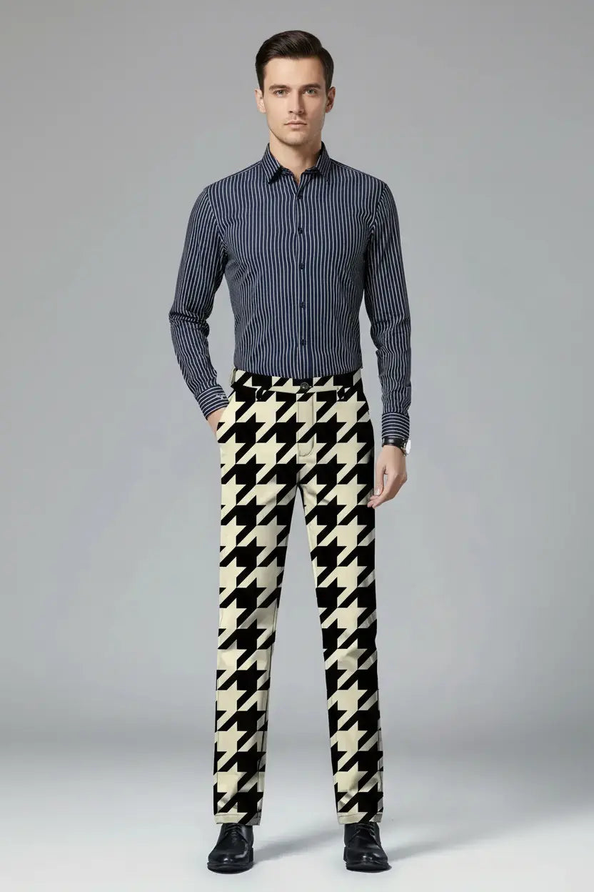 Cream & Black Houndstooth Trousers – Full Model View