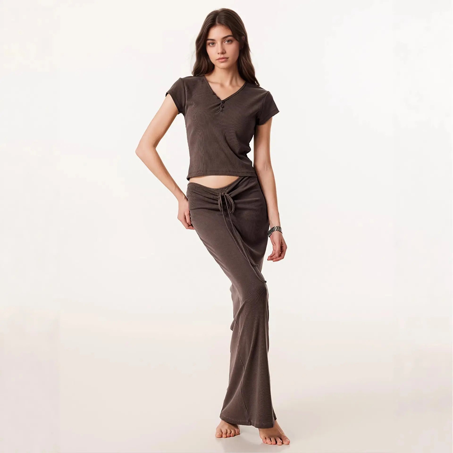 Small V-neck Drawstring Slimming Hip-hugging Skirt And V-neck Short-sleeve Top Womens New Set style-haven-vwag8