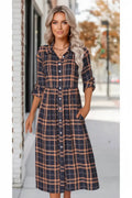 Women's Navy Button Plaid Long Sleeve Shirt Collar Dress Style Haven