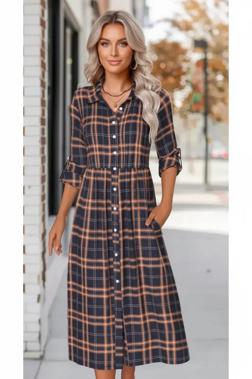 Women's Navy Button Plaid Long Sleeve Shirt Collar Dress Style Haven