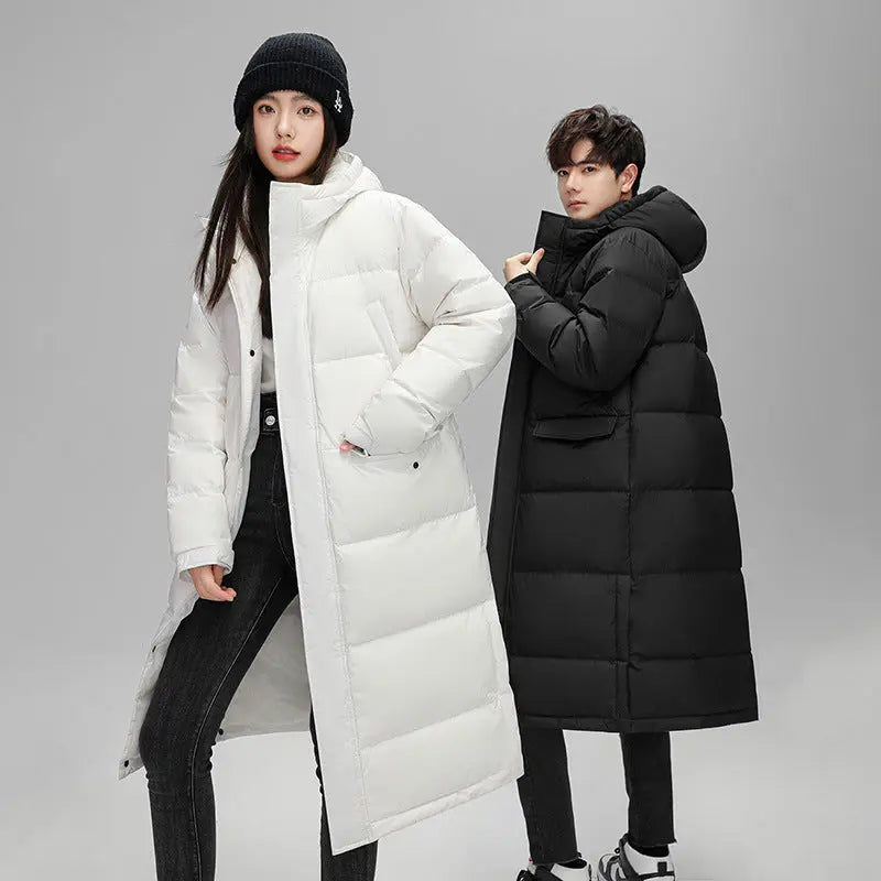 Long Hooded White Duck Down Coat — Below the Knee style-haven-vwag8