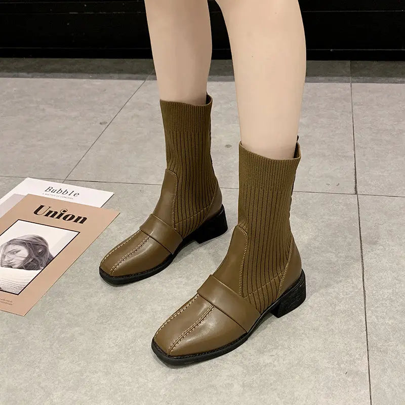 British Style Square Toe Mid-tube Knitted Martin Boots Women style-haven-vwag8