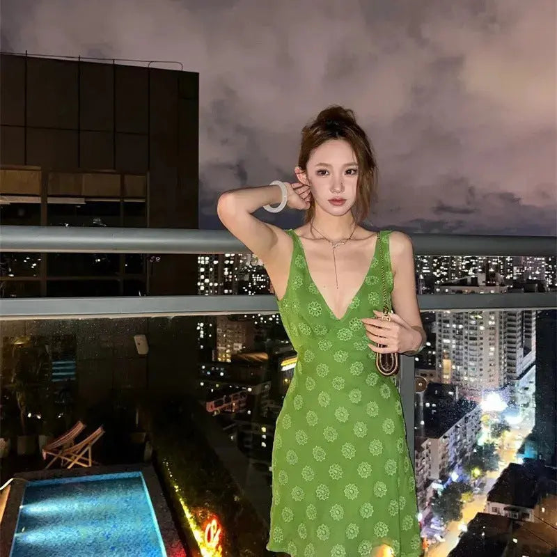 Summer New Vintage Niche Hollowed Waist-Cinching A-Line Skirt Short Dress style-haven-vwag8