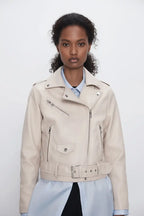 Expanded Cream Leather Biker Jacket