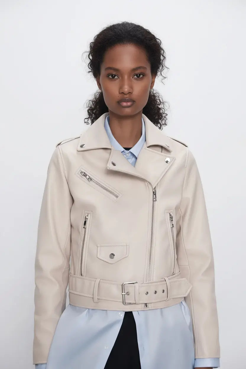 Expanded Cream Leather Biker Jacket