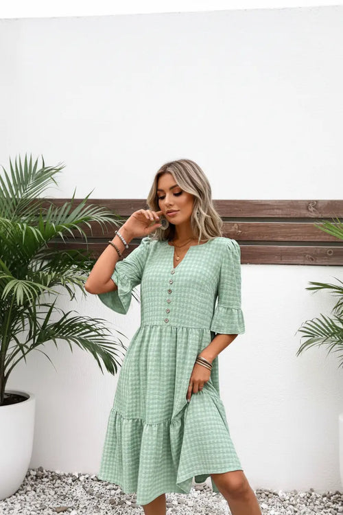 Modlily Light Green Button A Line Half Sleeve Dress - XXL Style Haven