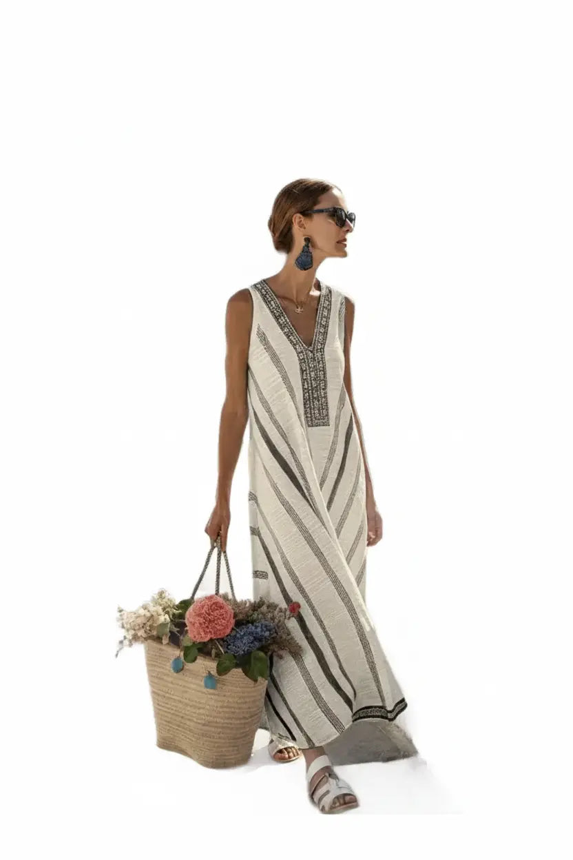 Expanded Striped Maxi Dress – White Background Full Head