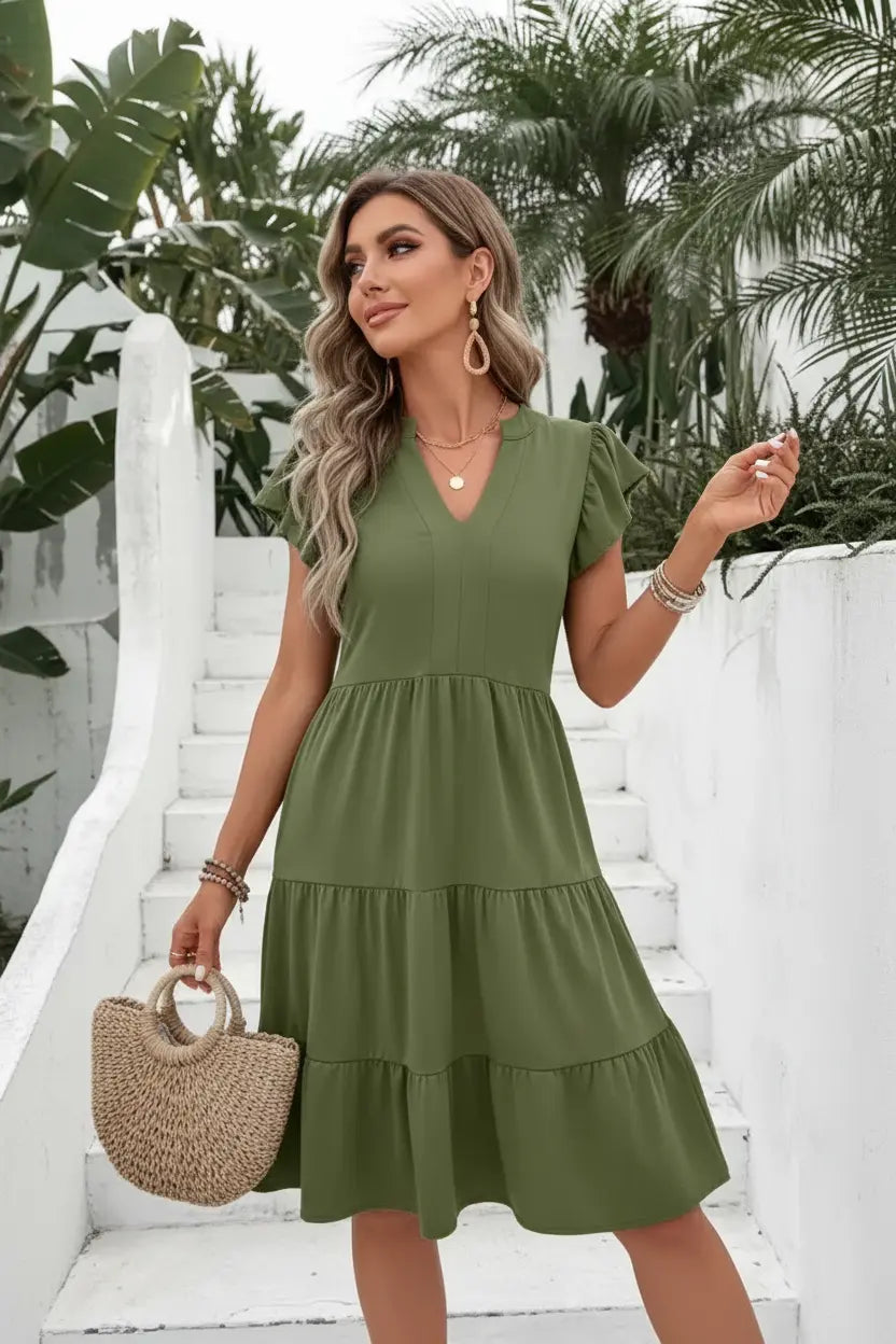 Women's Olive Green Split Short Sleeve Dress Style Haven