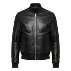 Premium Leather Bomber Jacket - Classic black leather bomber with ribbed collar and cuffs