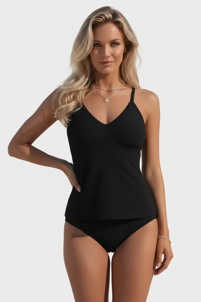 Women's Black V-Neck Tankini Set Mid Waist - Style Haven