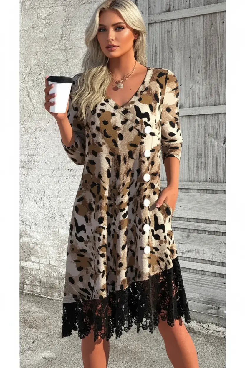 Women's Dark Coffee Leopard Patchwork A-Line Long Sleeve Dress Style Haven