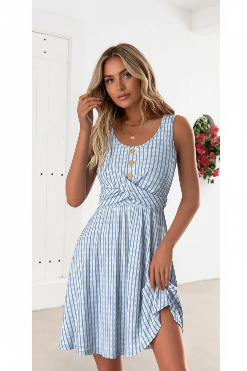Women's Dusty Blue Sleeveless Round Neck Dress Style Haven