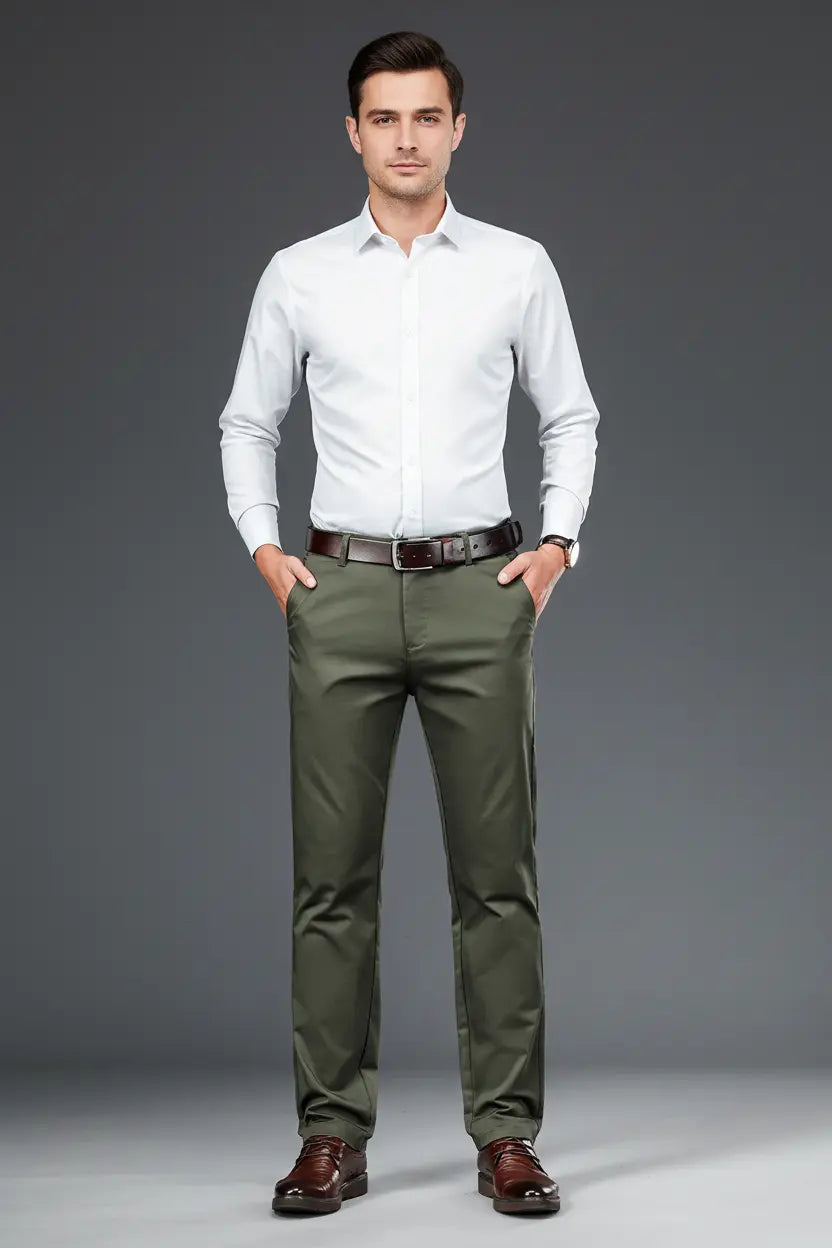 Men's Olive Green Dress Pants - Full View