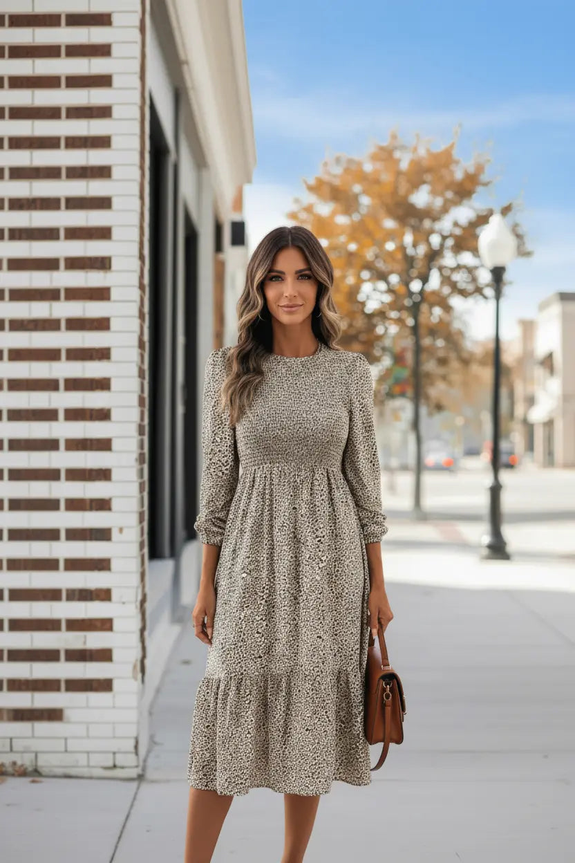 Modlily Light Coffee Tummy Coverage Leopard Long Sleeve Dress - XL Style Haven