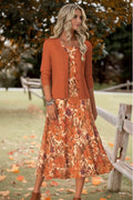 Modlily Orange Tummy Coverage Random Floral Print Dress and Cardigan - XXL Style Haven