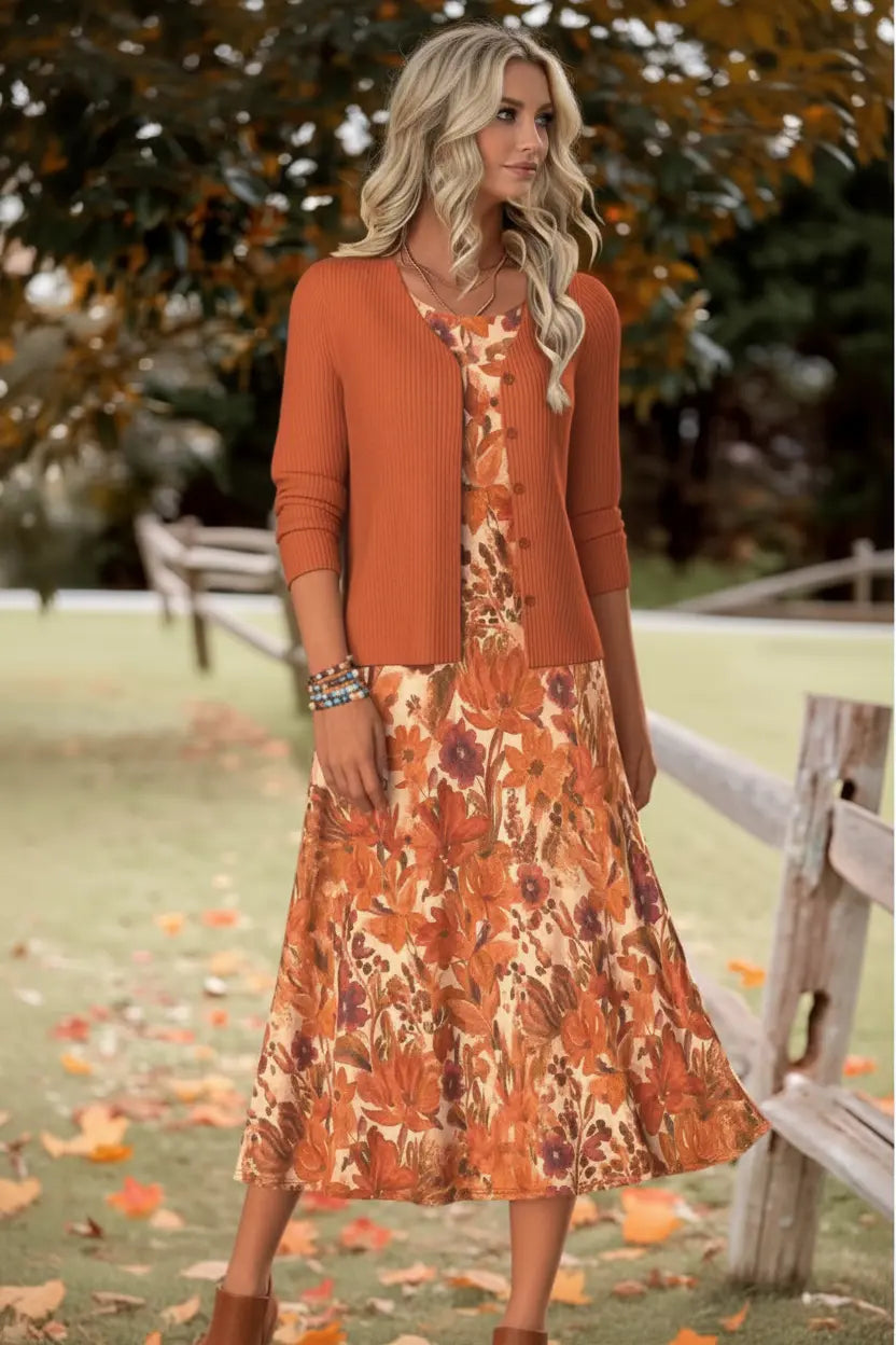Modlily Orange Tummy Coverage Random Floral Print Dress and Cardigan - XXL Style Haven