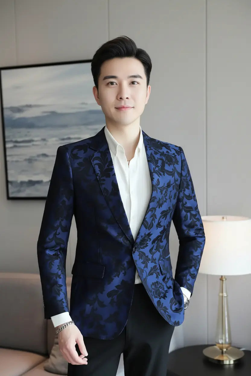 Navy Floral Blazer — Full Model View