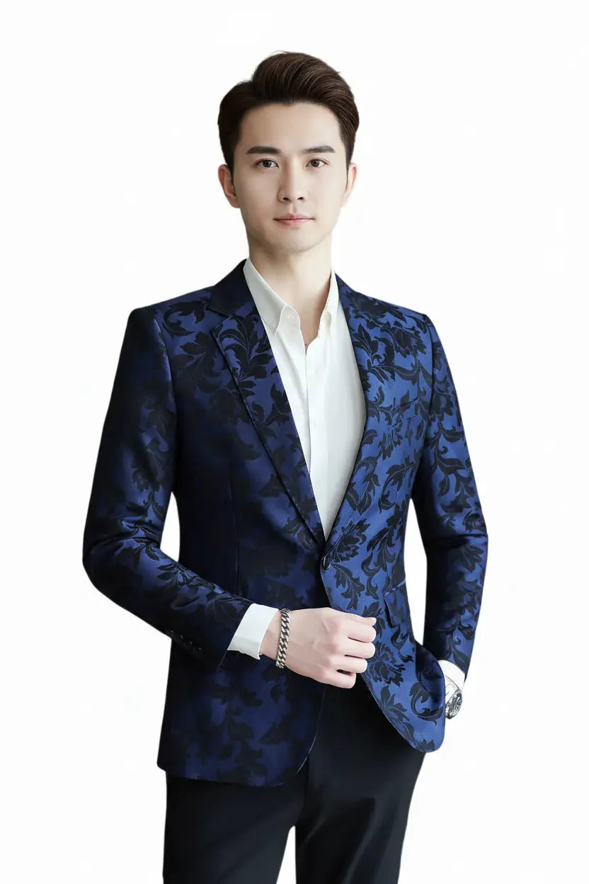 Navy Floral Blazer — White Background Full Model