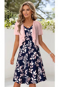 Women's Pink Leaf Print Tummy Coverage Dress & Cardigan Set Style Haven