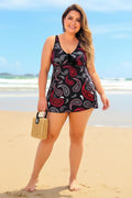 Paisley Print Cross Strap Plus Size Black Swimdress Top Modlily