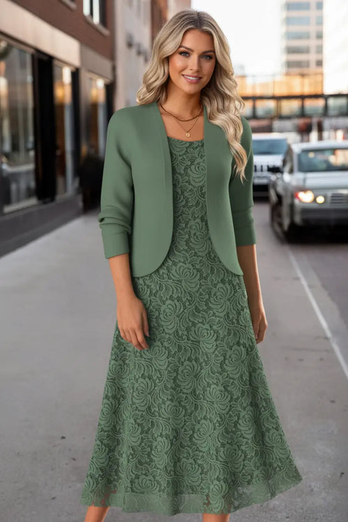 Modlily Sage Green Two Piece Long Sleeve Dress and Cardigan - M Style Haven
